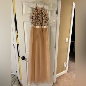 TFNC London Peach dress; sewn details. Organza style skirt. Sz S